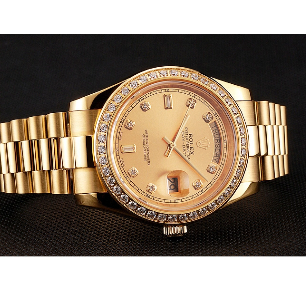 Aaa replica watch Diamond 1454099 Day-Date Rolex Dial Gold Swiss Bezel Bracelet Champagne 0614